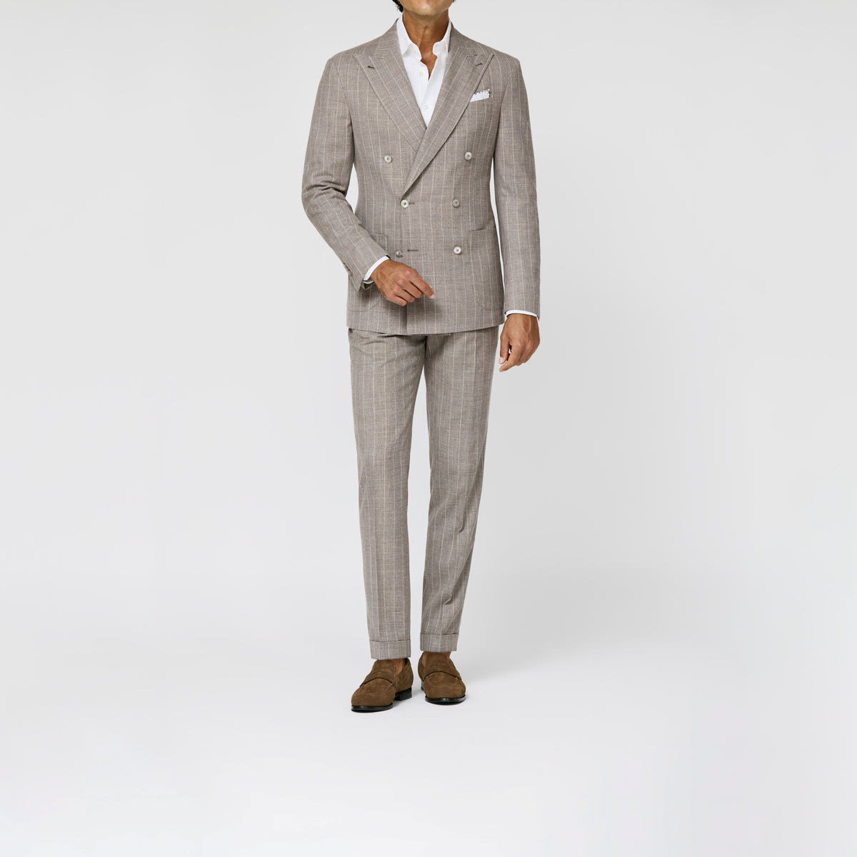 Light Taupe Wool Silk Linen Pencil Stripe Suit