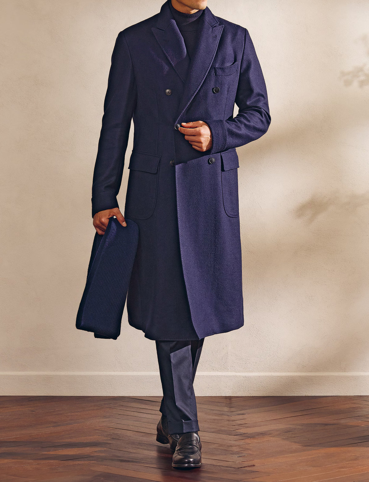 Loro Piana Dark Blue Brushed Camel Martingale Overcoat