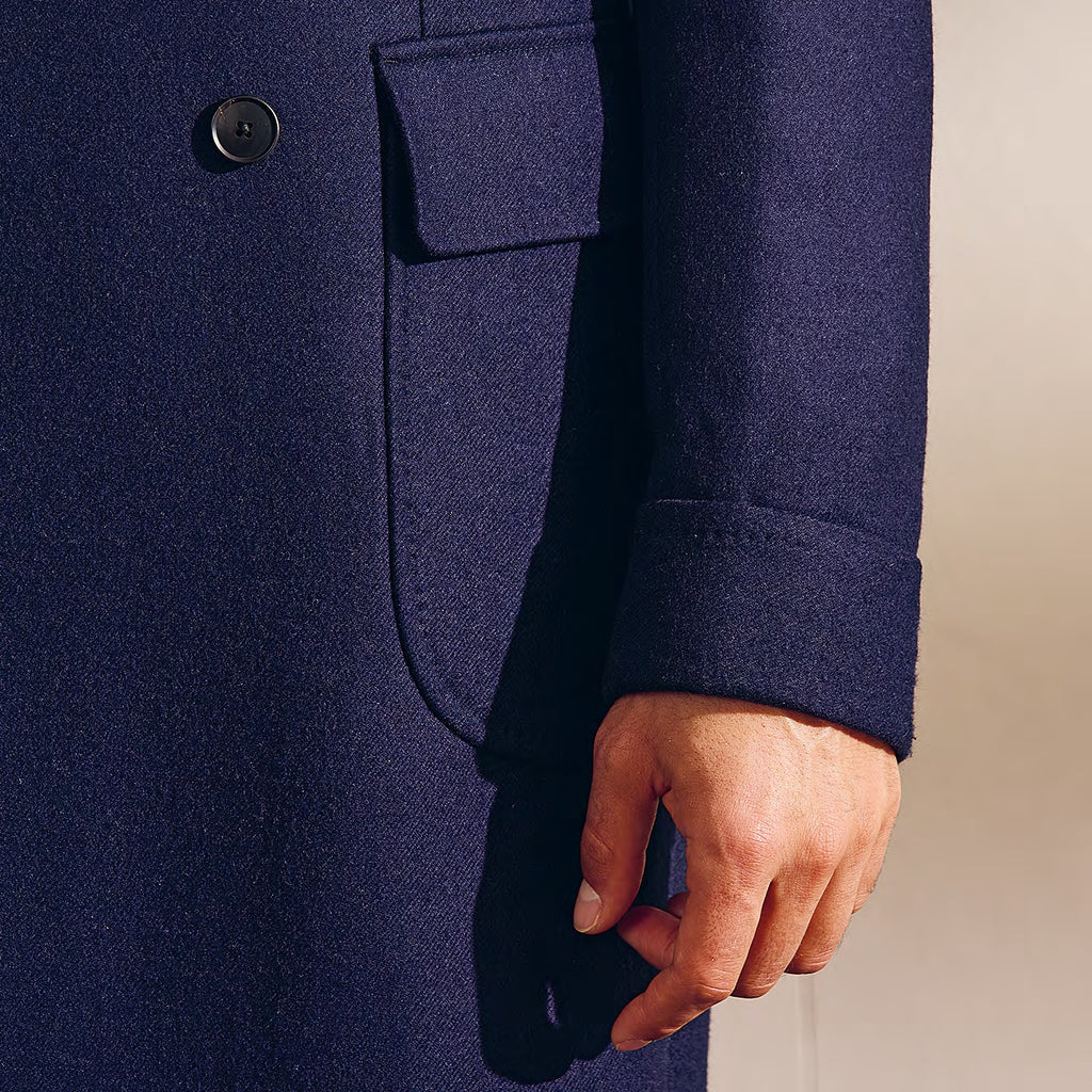 Loro Piana Dark Blue Brushed Camel Martingale Overcoat