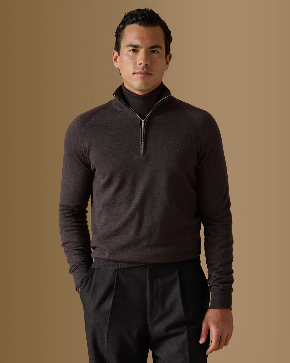 Dark Brown Extra-Fine Merino Half-Zip Knit