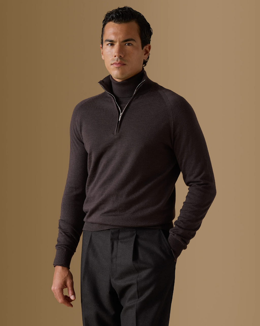 Dark Brown Extra-Fine Merino Half-Zip Knit